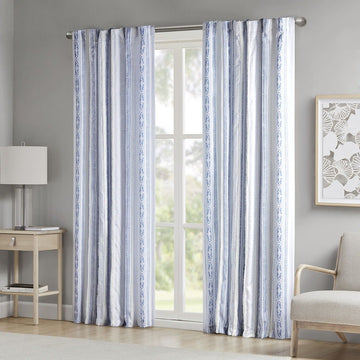 Veronica - 50x84" Poly Printed Curtain Panel With Tufted Stripe And Lining - White / Navy
