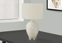 Ceramic Round Table Lamp With Cream Drum Shade - White And Silver - HomeRoots - Table Lamps - Elite Enclave Home