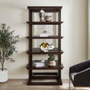 Uttermost Kai Etagere – Dark Walnut oak wood etagere with gold iron accents and mirrored back