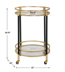 Uttermost Dolly Round Bar Cart – matte black iron with soft gold-leaf accents, two glass shelves & rolling locking casters 