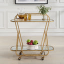Uttermost Swain Brass Serving Cart – antique brass iron frame with beveled mirrored trays and rolling casters