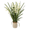 Uttermost Ariana Orchid Planter – cream cymbidium orchids in textured tan glazed ceramic planter with lush green foliage 