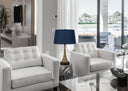 Glass Table Lamp With Navy Blue Empire Shade - Antiqued Brass