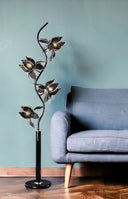Four Light Floral Floor Lamp With Black And Gold Glass Shades - Black - HomeRoots - Floor Lamps - Elite Enclave Home