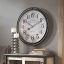 Uttermost Nakul Industrial Wall Clock – Pearl Silver – smoke gray iron frame with aged ivory clock face under glass