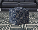 Canvas Damask Pouf Cover - Blue / White