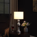 Metal Standard Table Lamp With White Shade - Silver