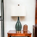 Glass LED Table Lamp With White Drum Shade - Blue Green