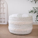 Cotton Blend Round Striped Pouf Ottoman - Natural And Ivory