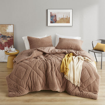 Kyla - Full/Queen Double Diamond Quilted Teddy Comforter Set - Brown