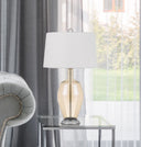 Metal Round Table Lamp With White Drum Shade - Nickel
