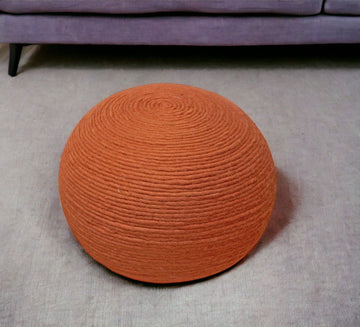 Wool Round Ribbed Pouf Ottoman - Orange