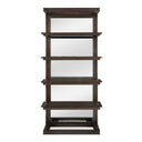 Uttermost Kai Etagere – Dark Walnut oak wood etagere with gold iron accents and mirrored back