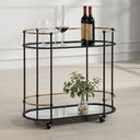 Uttermost Andre Iron Bar Cart – satin black iron frame with antique gold accents and mirrored shelves