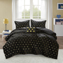 Rosalie - 4 Piece Full/Queen Metallic Printed Plush Comforter Set With Throw Pillow - Black/Gold - Intelligent Design - Comforters & Sets - Elite Enclave Home