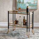 Uttermost Kentmore Modern Bar Cart – matte black and brushed gold iron frame with two tempered glass shelves and rolling casters
