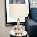 Glass LED Table Lamp With Ivory Drum Shade - Silver Metallic