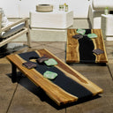 Uttermost Clearwood Black Cornhole Game Set – natural teak boards with black resin river and 8 professional-style bags