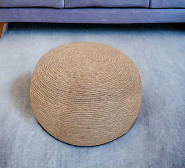 Wool Round Ribbed Pouf Ottoman - Beige
