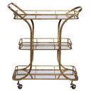 Uttermost Stassi Gold Serving Cart – hand-forged iron frame with antiqued gold finish and three mirrored tray-style shelves