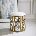 Uttermost Trellis Geometric Accent Stool – White & Gold – round stool with antique brushed brass iron base and white textured fabric top