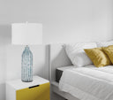 Glass Table Lamp With White Drum Shade - Aqua And Gray