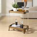 Uttermost Giselle Bronze Bar Cart – glass shelves with bronze metal strap sides and acrylic legs 
