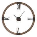 Uttermost Marcelo Modern Wall Clock – Light Brown – natural stained fir wood frame with hand-forged aged iron Roman numerals and floating center dial