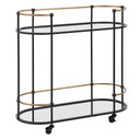 Uttermost Andre Iron Bar Cart – satin black iron frame with antique gold accents and mirrored shelves