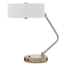 Metal Two Light Lantern Desk USB Table Lamp With White Drum Shade - Brown
