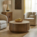 Tindall - Round Travertine Coffee Table - Brown / White / Woodtone