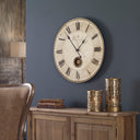 Uttermost Harrison Gray 23" Wall Clock – Beige – weathered laminated face with brass center components and internal pendulum