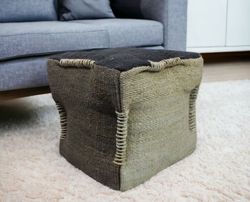 Jute Cube Pouf Ottoman - Black And Taupe