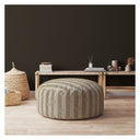 Cotton Round Floral Pouf Ottoman - Taupe