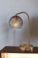 Metal Desk Lamp With Light Gray Swirl Globe Shade - Antiqued Brass - HomeRoots - Table Lamps - Elite Enclave Home