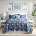 Seaside - 4 Piece Full Cotton Reversible Embroidered Quilt Set With Throw Pillow - Navy