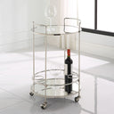 Uttermost Spritz Chrome Bar Cart – polished chrome frame with dual mirrored shelves and rolling casters