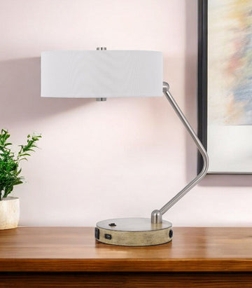 Metal Two Light Lantern Desk USB Table Lamp With White Drum Shade - Brown