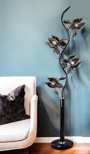 Four Light Floral Floor Lamp With Black And Gold Glass Shades - Black - HomeRoots - Floor Lamps - Elite Enclave Home