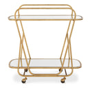 Uttermost Swain Brass Serving Cart – antique brass iron frame with beveled mirrored trays and rolling casters