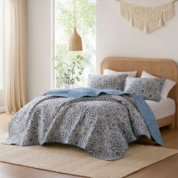 Valerie - Twin Boho Floral Reversible Quilt - Blue