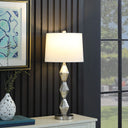 Geo Glass Table Lamp With White Shade - Brushed Silver