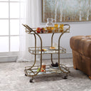Uttermost Stassi Gold Serving Cart – hand-forged iron frame with antiqued gold finish and three mirrored tray-style shelves