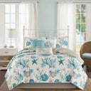 Pebble Beach - 6 Piece Cotton Sateen Quilt Set With Throw Pillows - Aqua