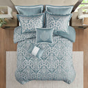 Odette - 8 Piece Jacquard Comforter Set - Aqua / Silver