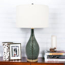 Glass LED Table Lamp With White Drum Shade - Blue Green