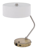 Metal Two Light Lantern Desk USB Table Lamp With White Drum Shade - Brown