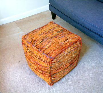 Recycled Silk And Cotton Blend Cube Pouf Ottoman - Orange