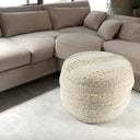 Cotton Blend Round Striped Pouf Ottoman - Natural And Ivory