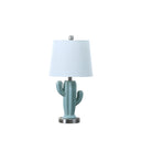 Pale Ceramic Cactus Table Lamp With White Shade - Blue Green